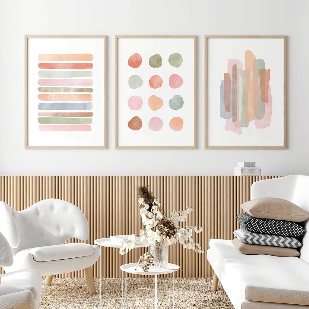 3pcs Frameless Modern Abstract Wall Art,Beige Minimalism and Polka Dot Stripe,Pastel Canvas Printing Chic Living Room Wall Decor