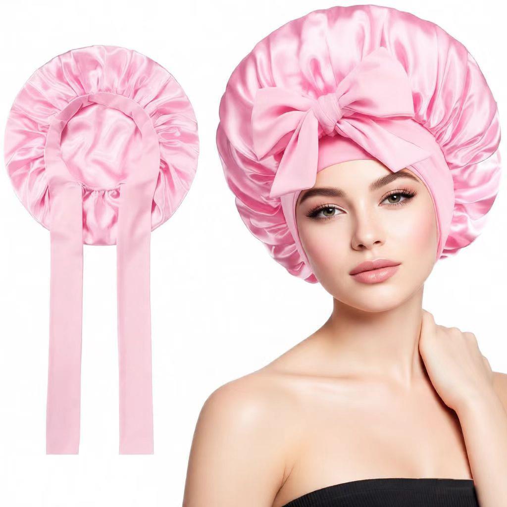Cross-border Satin Nightcap: Wide-Brim Elastic Ribbon, Solid Color, Imitation Silk for Hair Care розовый