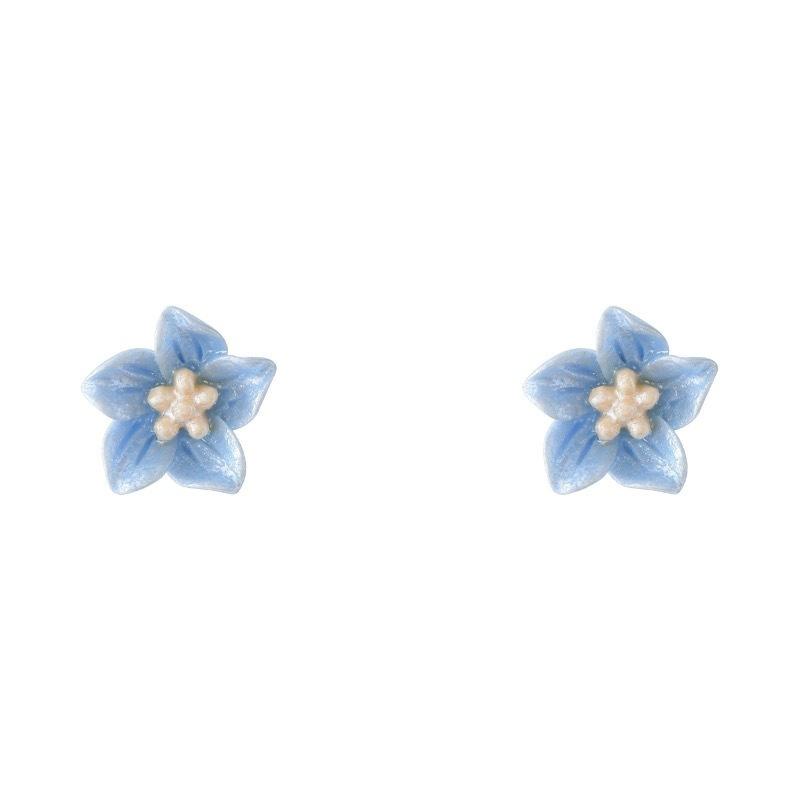 Silver needle blue camellia flower stud earrings women's wind sweet temperament earrings Mori simple ears