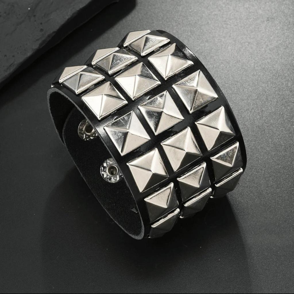 Men's Black & Silver Studded PU Leather Bracelet with Round Corners - Cross-Border Punk Style