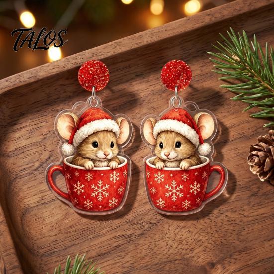Holiday Party Accessories 1 Pair Cute Christmas Mouse Acrylic Earrings, 2D Flat Cartoon Animal Dangle Earrings Drop for Women, Glitter Star
