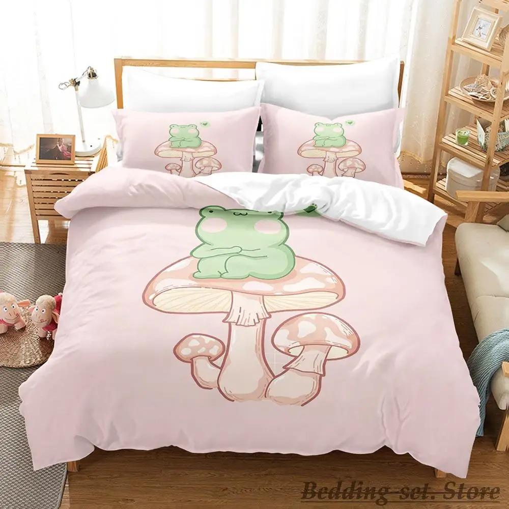 New Cottagecore Frog Mushroom Bedding Set Single Twin Full Queen King Size Bed Set Adult Kid Bedroom Duvetcover Sets Anime