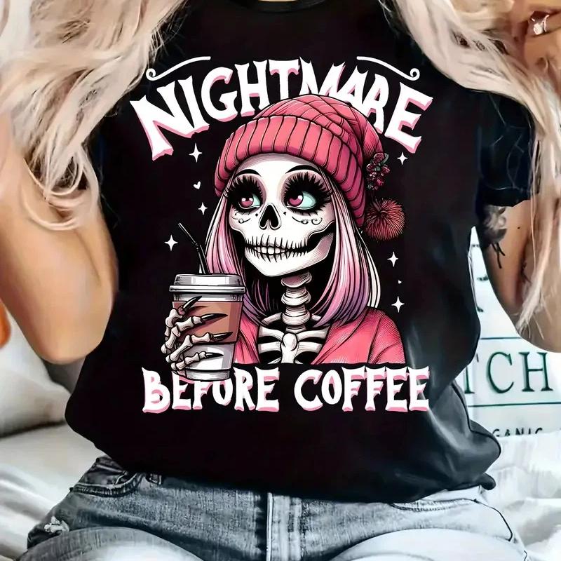 Women's Casual Graphic T-Shirt - "Nightmare Before Coffee" Skeleton Art Print, Black Short Sleeve Round Neck Summer Streetwear