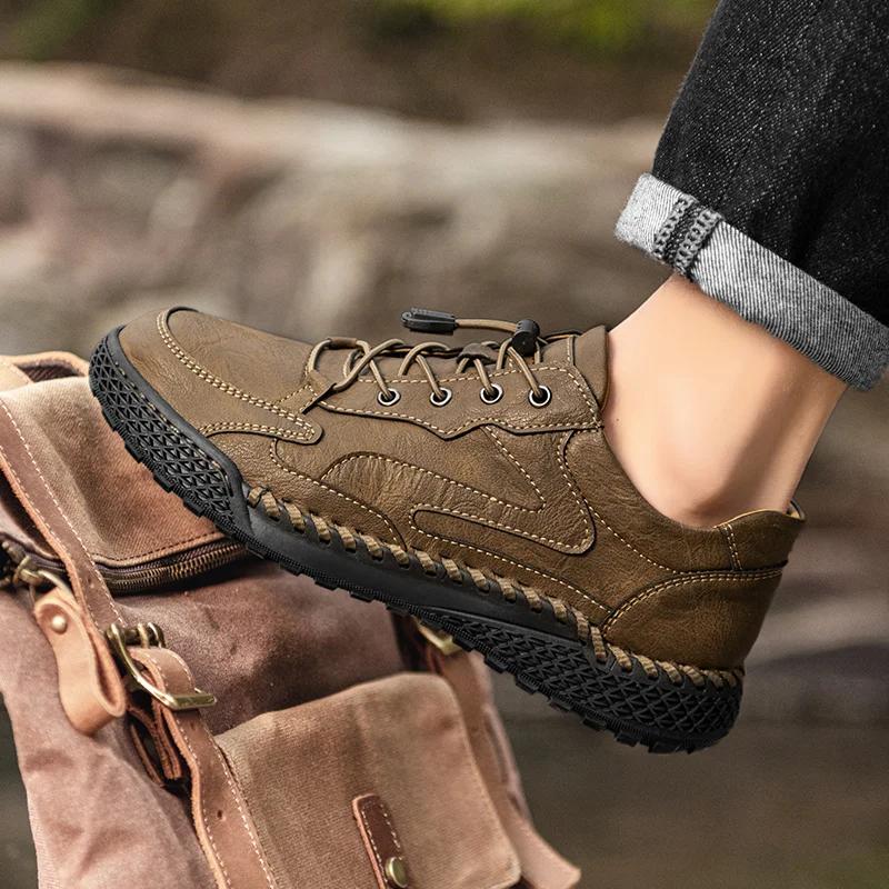 Non-Slip Leather Treking Footwear Leisure Lace Up Mens Casual Shoes Outdoor Male Sneakers Hiking Shoes All-match Driving Shoes