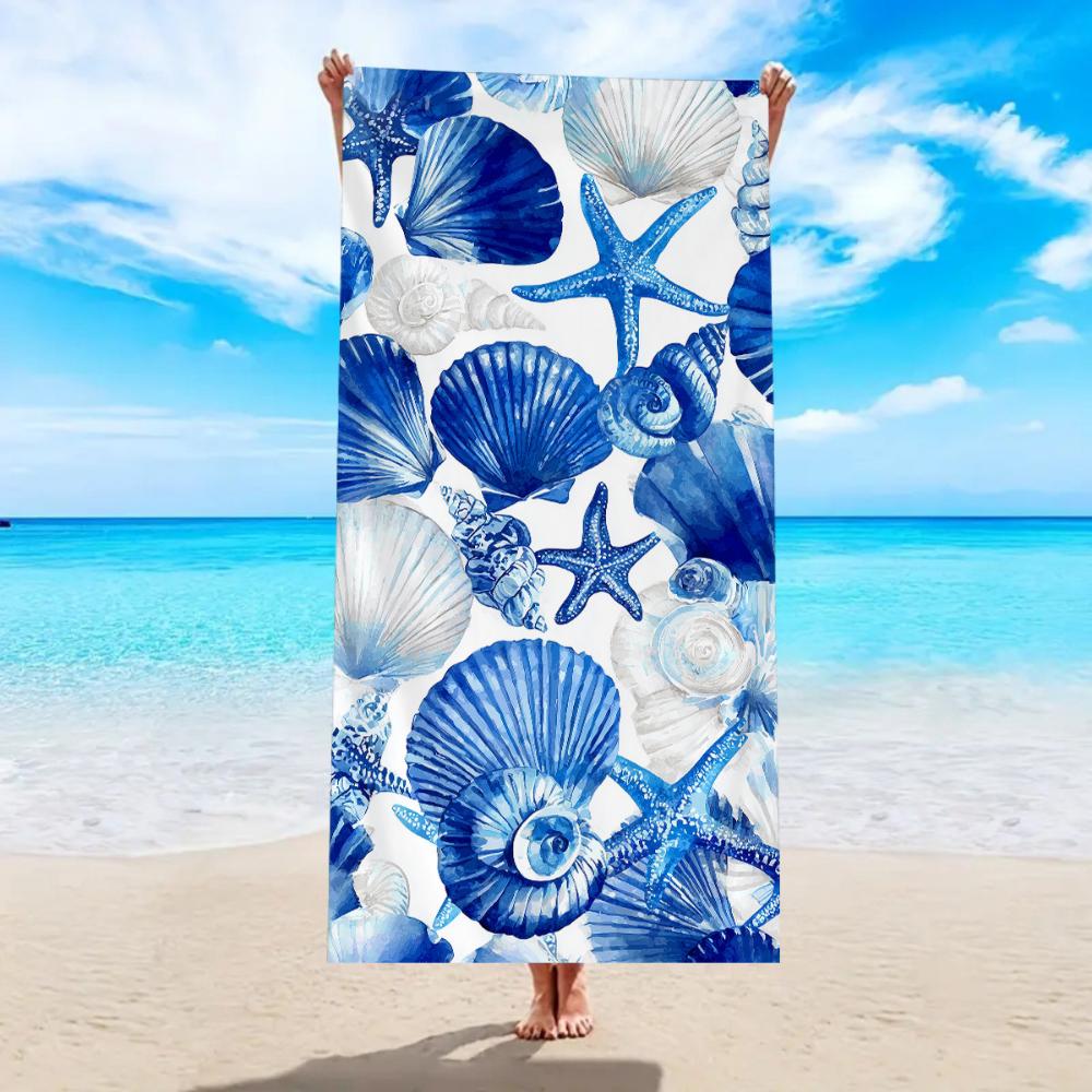 Light Blue Starfish Conch Seashell Pattern Beach Towel For Nautical Coastal Style Holiday Quick Dry Bath Towel