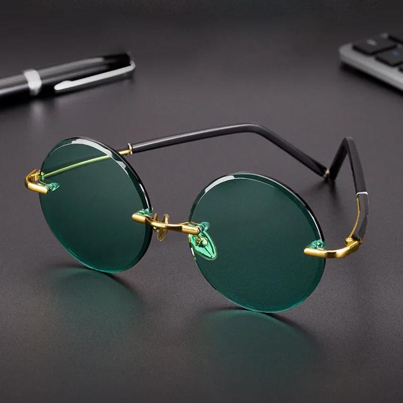 Non-polarized Fashion Classic Rimless Sunglasses Women Men Dark Green Lens Sun Glasses Round Glasses Summer Decorative Eyeglasses