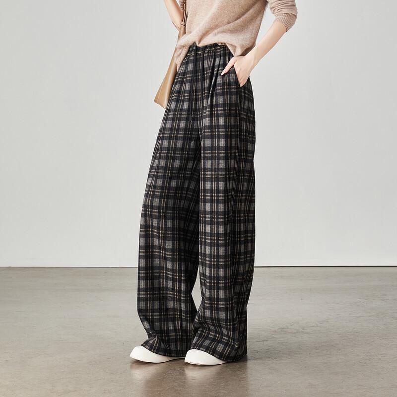 SOFSIL Women's Vintage Plaid High-Waisted Wide-Leg Trousers
