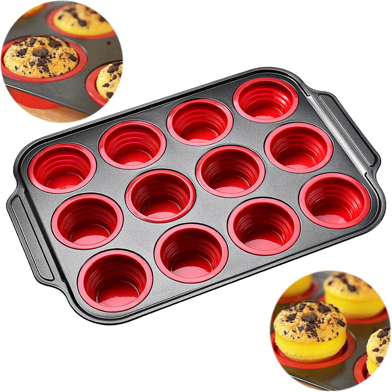 

12 Cups Silicone Muffin Pan with Metal Frame Nonstick Muffin Tins Egg Bites Cupcake Pan Mold Non Toxic Bakeware for Oven красный
