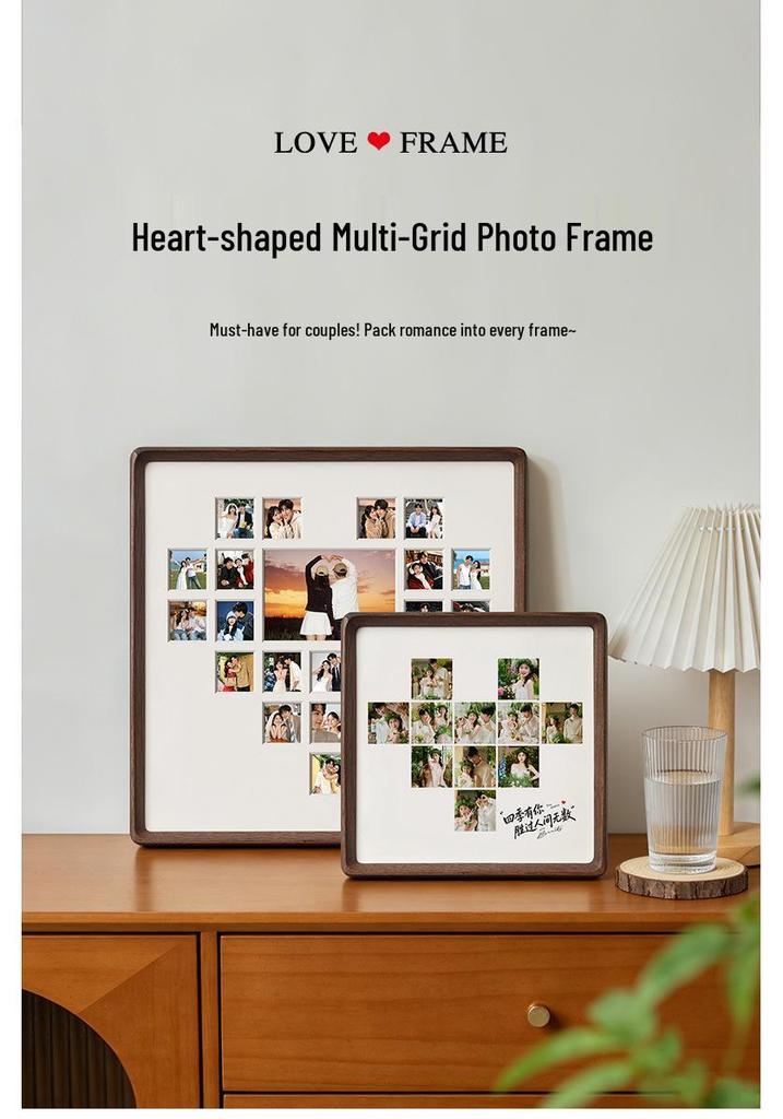 Heart-Shaped 520 Multi-Grid Wooden Photo Frame: Perfect Couple's Gift for Weddings & Valentine's Day