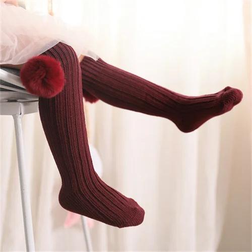 Kids Girls Socks Cotton Fur Ball Knee High Children's Socks For Girls Winter Warm Knitted Baby Stocking Age for 0-7Years