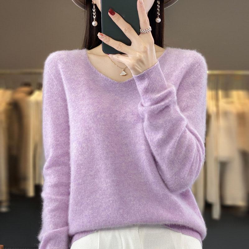 Modny Wełniany Sweter Kaszmirowy Pulower Damska Dzianina Dekolt V Długi Rękaw Jesień Zima Moda Podstawowa Odzież Topy