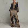 Women's V-Neck Long Sleeve Printed Tops Wide Leg Pants Set