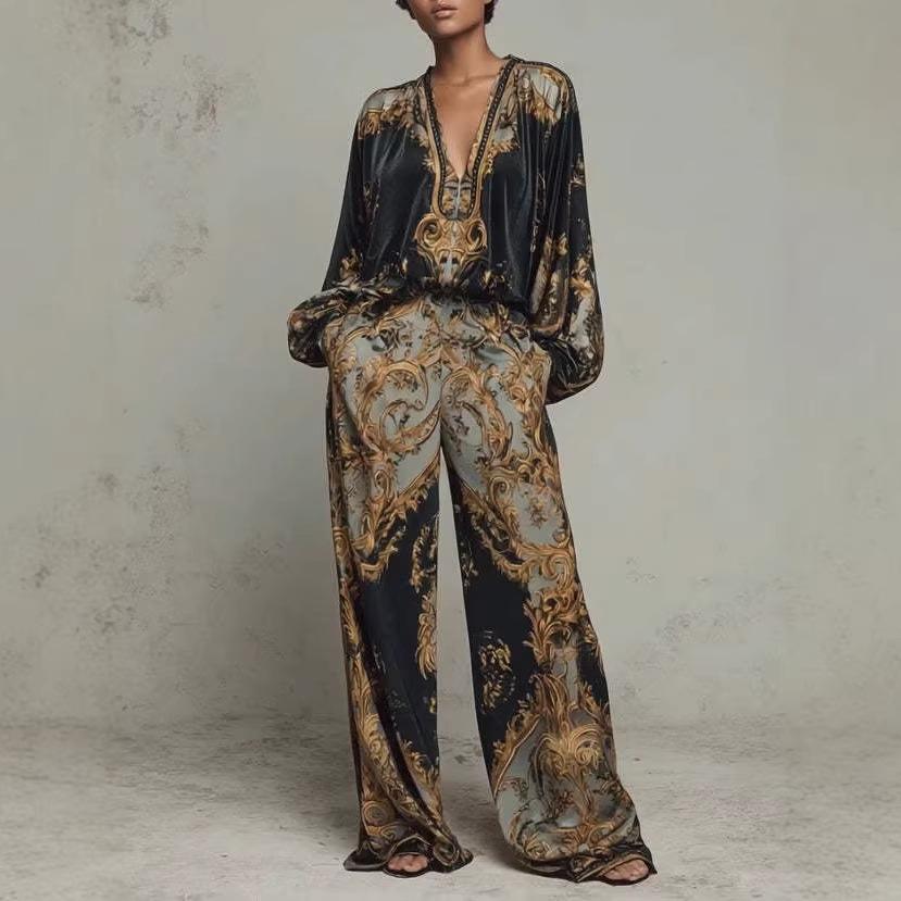 Women's V-Neck Long Sleeve Printed Tops Wide Leg Pants Set