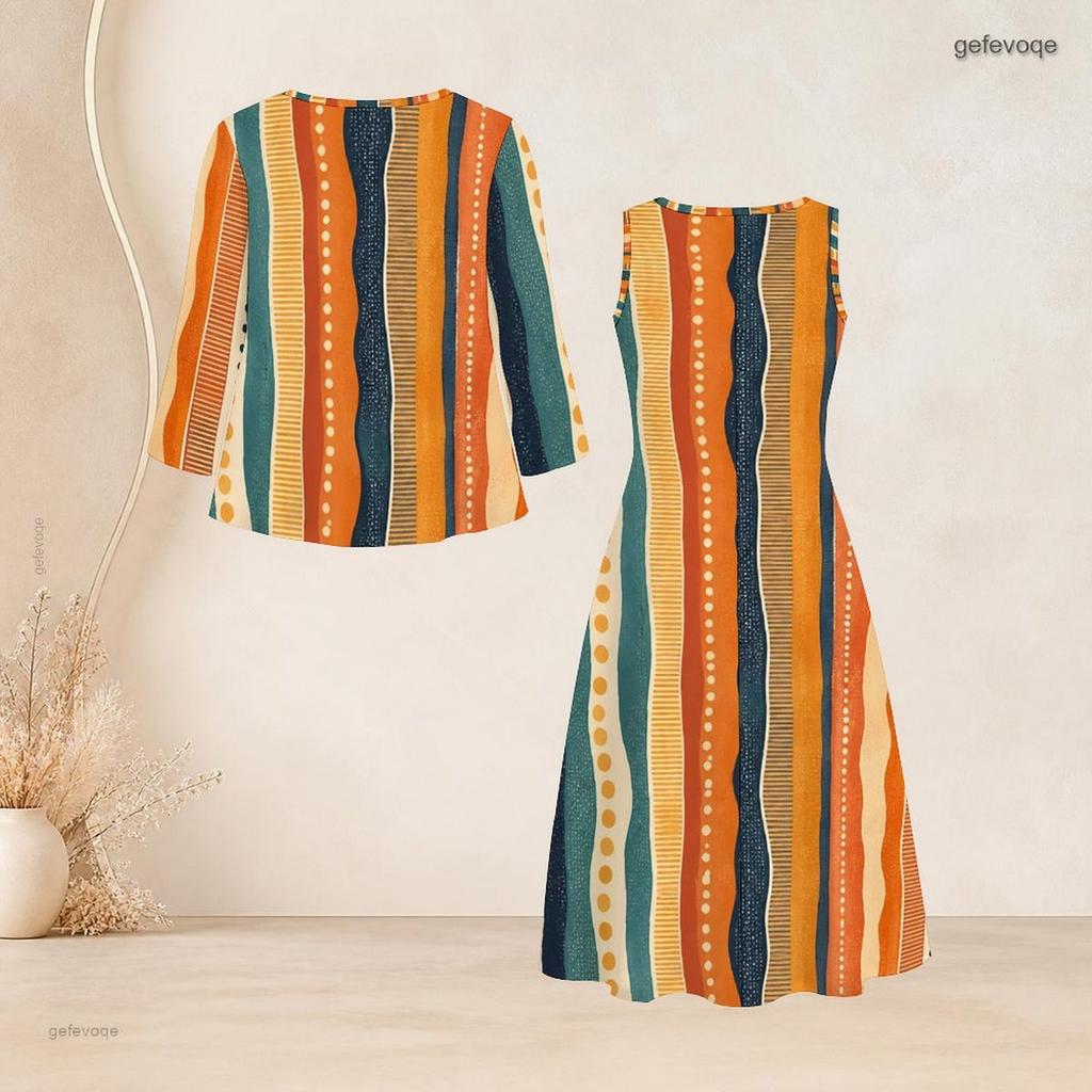 Women Plus Size Two Piece Dress Set Abstract Printed Tie Neck Three Quarter Sleeve Sleeveless Long Dress