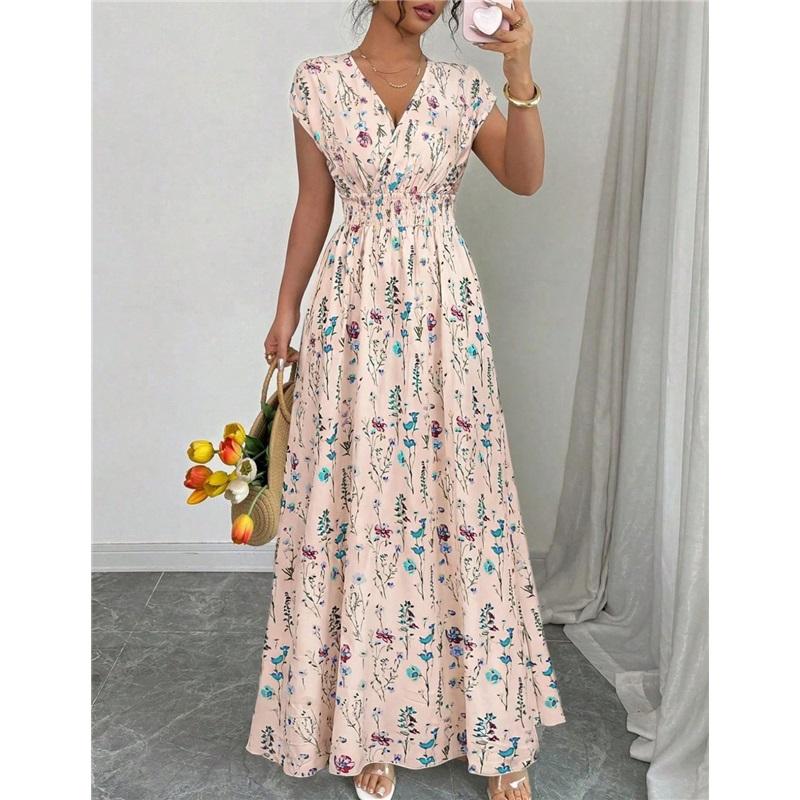 Women's Casual Floral Short-Sleeve Tie-Front V-Neck Fitted Dress for Summer