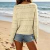 Women Casual Loose Fit V Neck Long Sleeve Knit Sweater Hollow Out Mesh Pullover with Tie Detail Lightweight Breathable