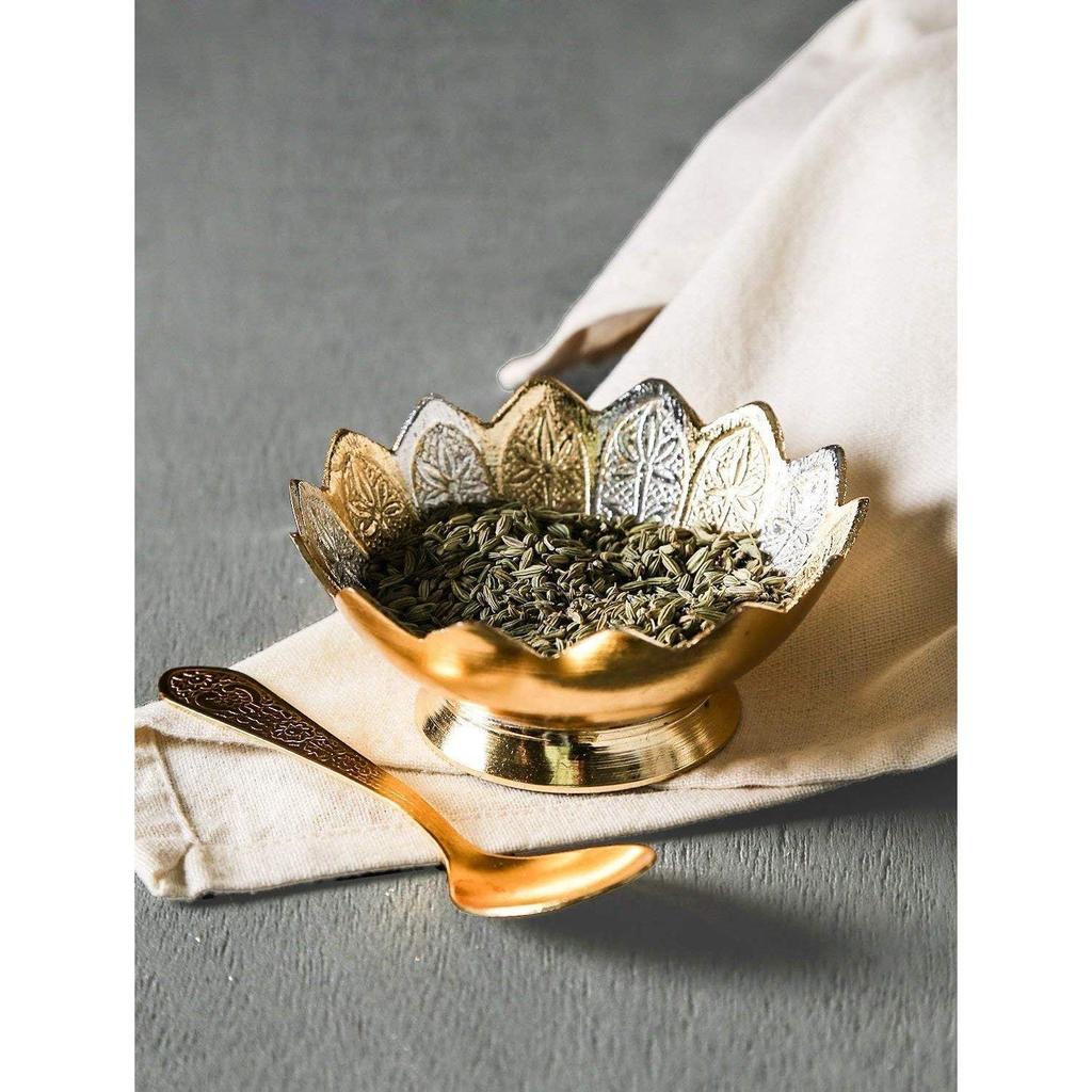 R Ayurveda Copper Silver And Gold Plated Metal Bowl Set With Spoon In Floral Pattern