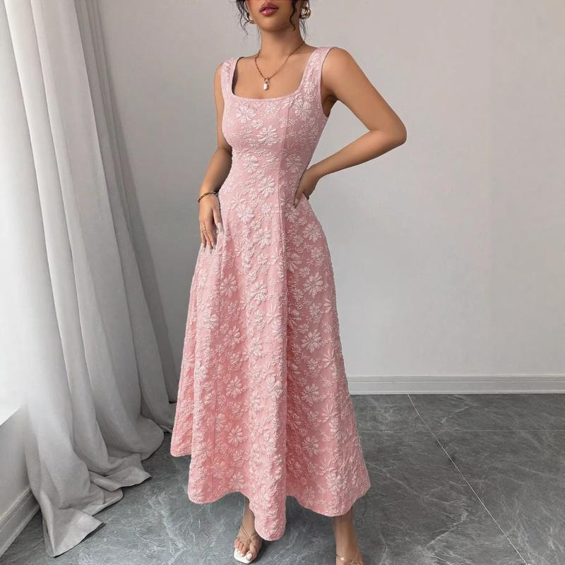 Maxi Dresses Sleeveless Square Neck A Line Sun Dress with Fitted Waist Elegant Party Cocktail Beach Dress for Ladies