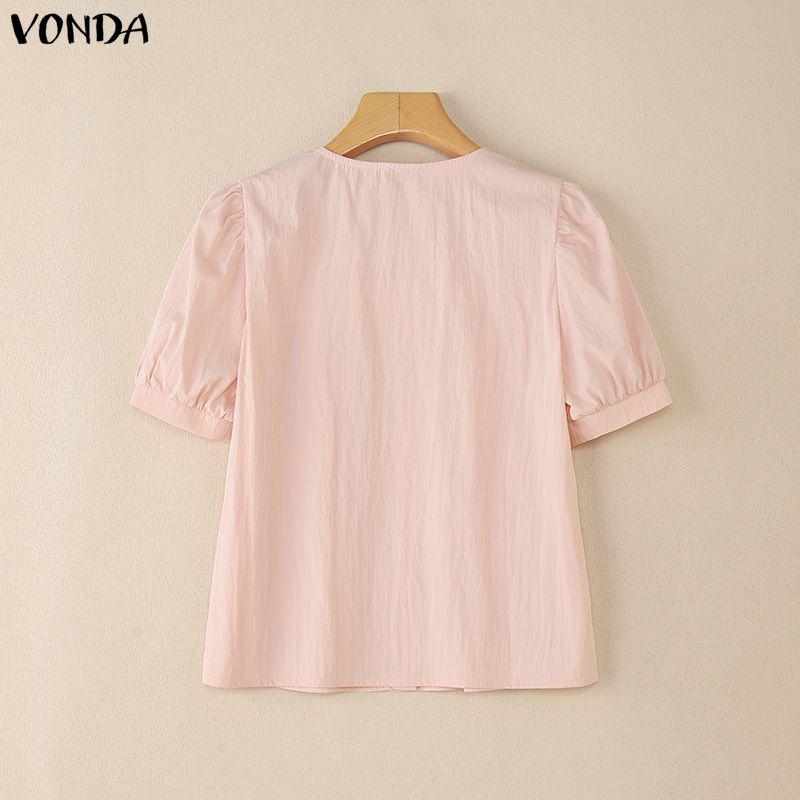 VONDA Wemen Casual Round Neck Puff Sleeve Embroidery Hem Buttons Blouse