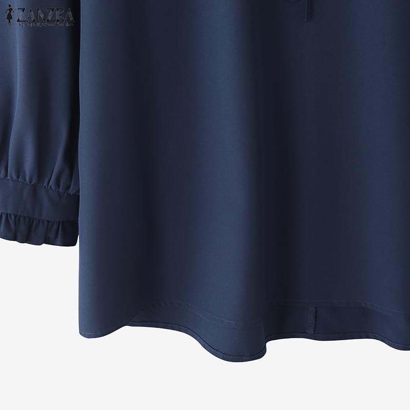 ZANZEA Dame Casual Rund Hals Ensfarget Løs Langermet Bluse