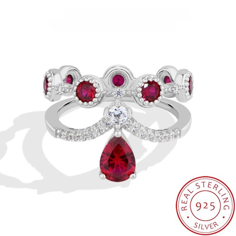 

Luxury Double Band Crown Ring with Teardrop Ruby Zircon, 925 Silver Plated Promise Ring, Romantic Bridal & Anniversary Jewelry 10 білий