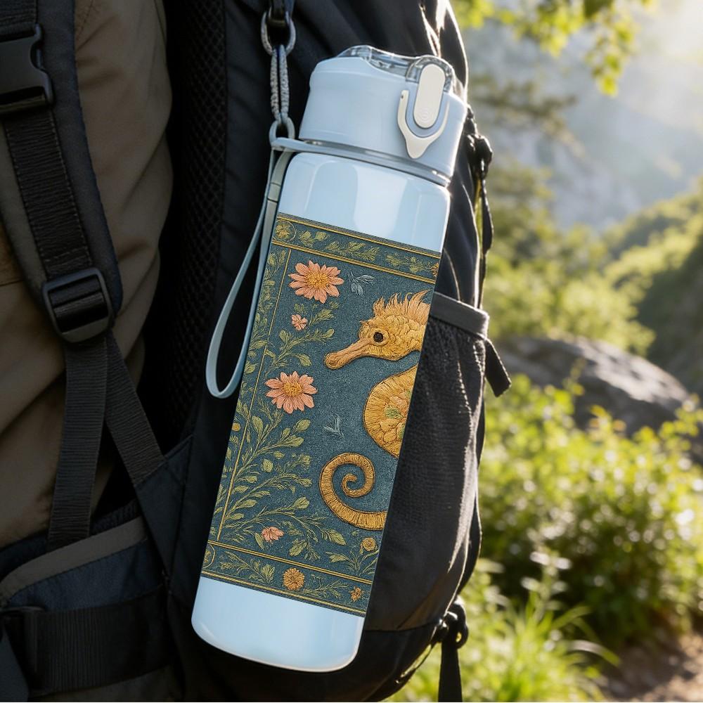 1PC Seahorse Vintage Ocean Pattern Print 750ml Color Plastic Sports Water Bottle Leakproof Flip Straw Lid Suitable for Sports Office Home Use
