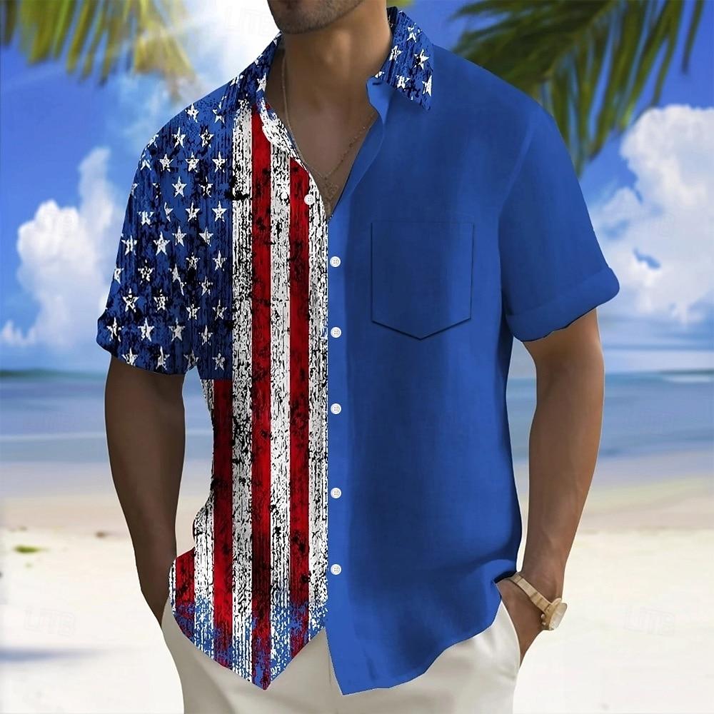 Men's 4th of July U.S. 250th Anniversary Cross US Flag Shirt Cuban Collar Shirt Button Up Shirt Short Sleeve