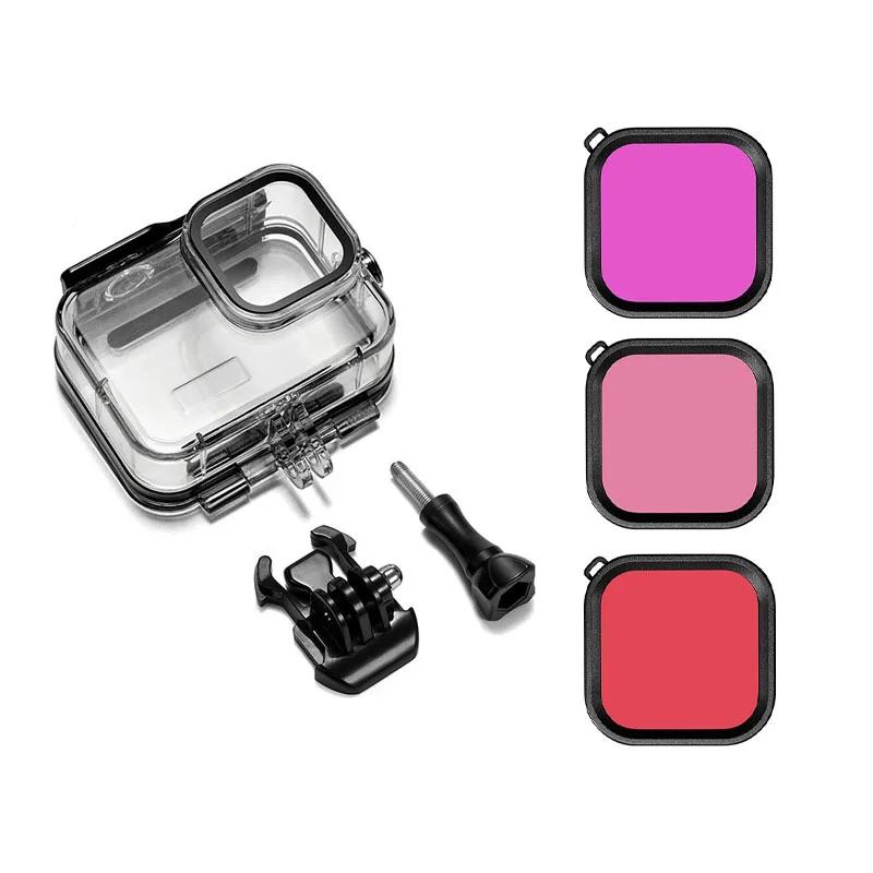 Unterwasser-Tauchgehäuse (60 m) + Filter + Mini-Tragetasche + 9H gehärtetes Glas für GoPro Hero 12 11 10 9 Kamerazubehör