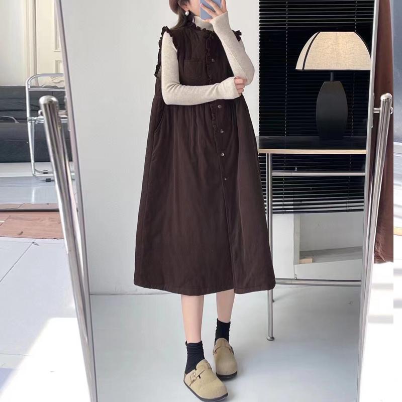 Johnature Fungus Trimmed Pinstrip Dresses Autumn Winter Loose Versatile Layered Women Dresses