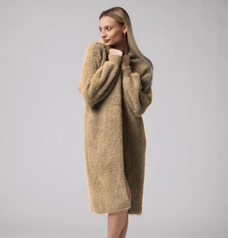 2024 Damen Herbst/Winter Strickjacke aus Faux-Nerz, Lockerer Midilanger Pullovermantel, Lässiger Stil