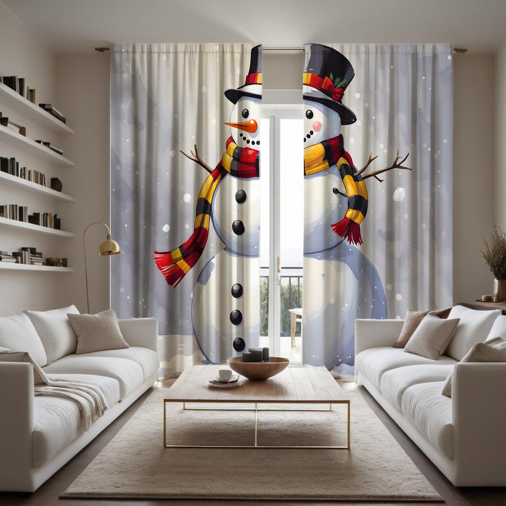 2pcs HD Christmas White Snowman Curtain White Tie Digital Printed Curtain Home Decoration Style Decorate Living Room Bedroom