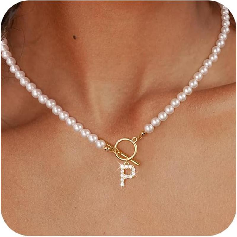 Rhinestone Letter Imitation Pearl Choker Necklace For Women Gold Plated Crystal Initial Pendant Necklace