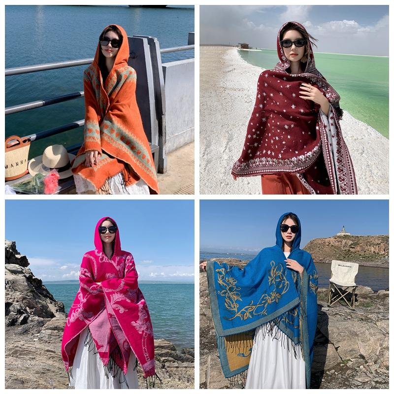 Осенне-зимняя шаль женская имитация кашемира теплая в богемном этническом стиле кисточка — фото 4