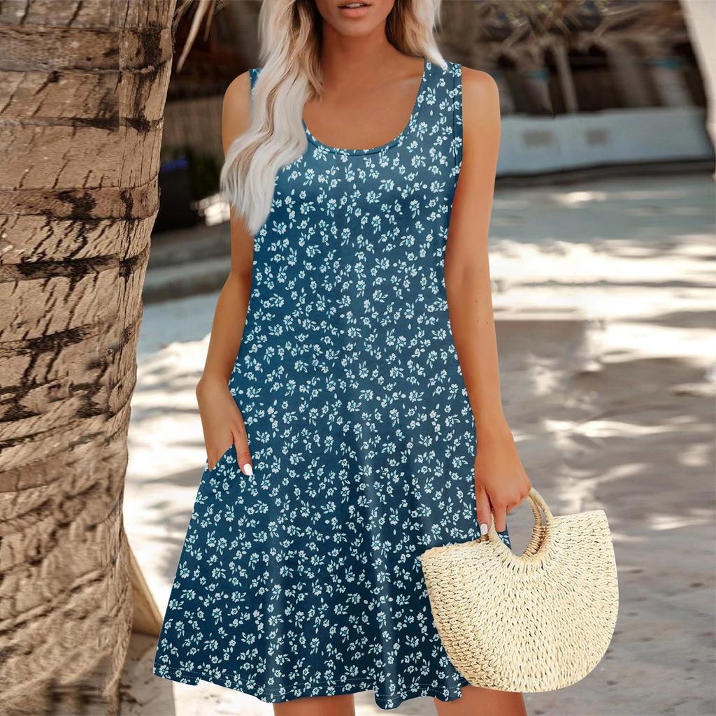 Women's Summer Floral High Waist Bohemian Dress Casual Hawaiian Flowing V Neck Holiday Dress