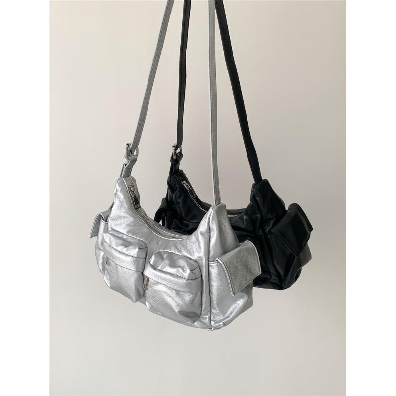 

Серебряная сумка-мессенджер с многокарманным нишевым дизайном, женская однотонная женская сумка, универсальная, из мягкой кожи, простая наплечная сумка женская серебряный