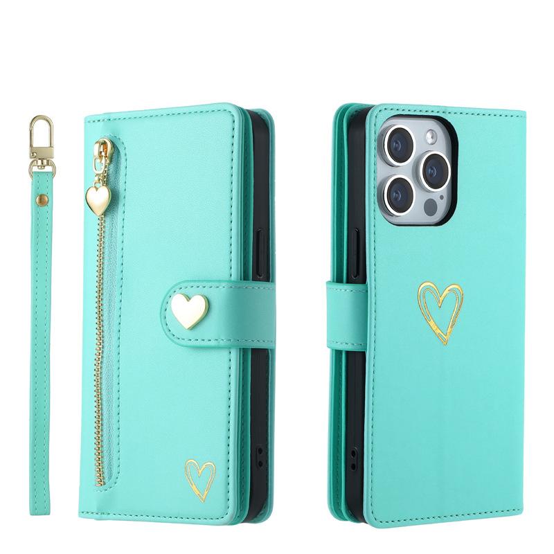 Applicable iPhone17ProMax Phone case with gold-embossed heart and zipper card slot17/16Flip cover with card slot15Wallet