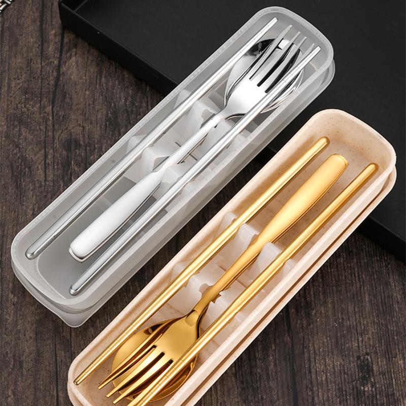 2/3Pcs Portable Tableware Stainless Steel Cutlery Set with Case Travel Camping Dinnerware Spoon Fork Chopsticks Kitchen Utensils