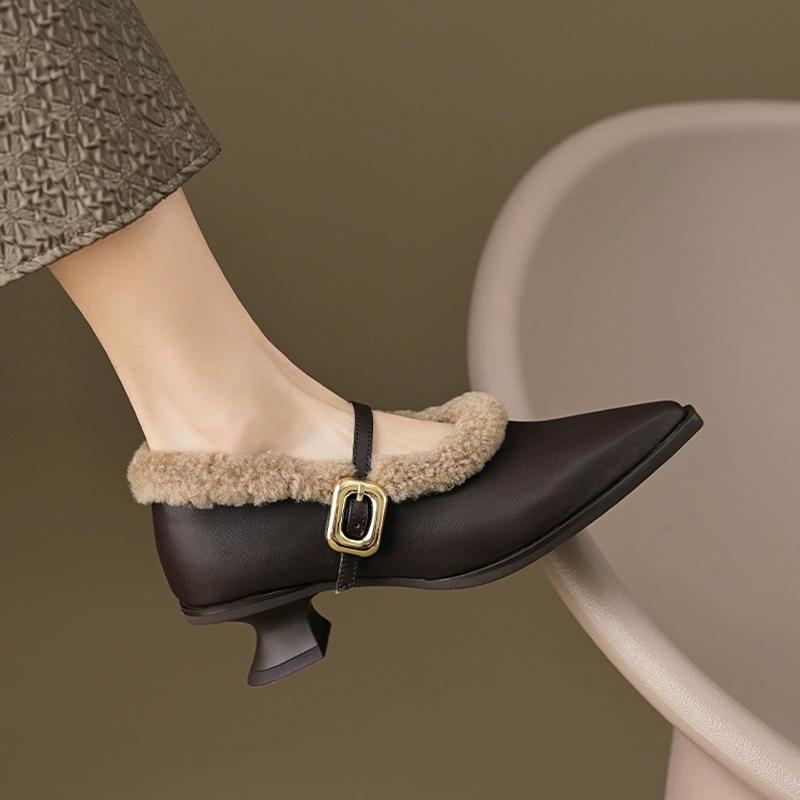 Elegant Metal Buckle Mary Janes Woman Chic Brand Design Fur Women Low Heel Dress Shoes Ladies Winter Warm Plush Belt Pump Zapato