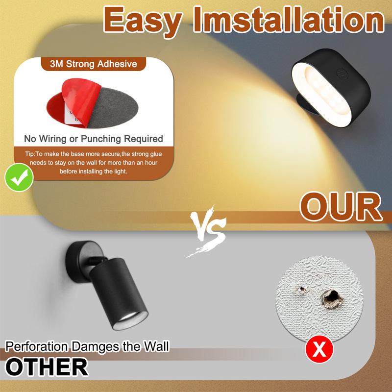 USB Rechargeable 360° Rotating Touch Wall Lamp with Remote & Color Changing for Bedroom