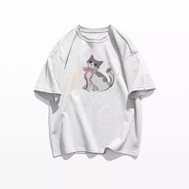 2025 Retro Cartoon Cat Cotton T-Shirt for Women - Summer Loose Fit