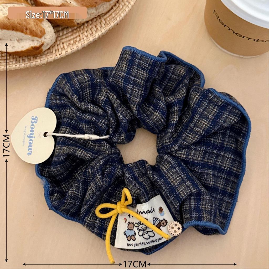 Retro Korean Blue & Brown Plaid Scrunchie, Girly Autumn/Winter Schoolgirl Bow Hair Tie