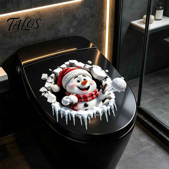 Christmas Party Toilet Accessory Cracked Lid Stickers, Cute Snowman Breaking Through Wall Design Waterproof Seat Art Cover Decals, PVC Bathroom