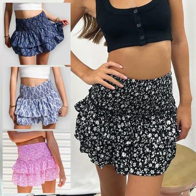 Women High Waist Ruffle Tiered Mini Skirt Elastic Waist A Line Flowy Casual Summer Solid Color Skirt