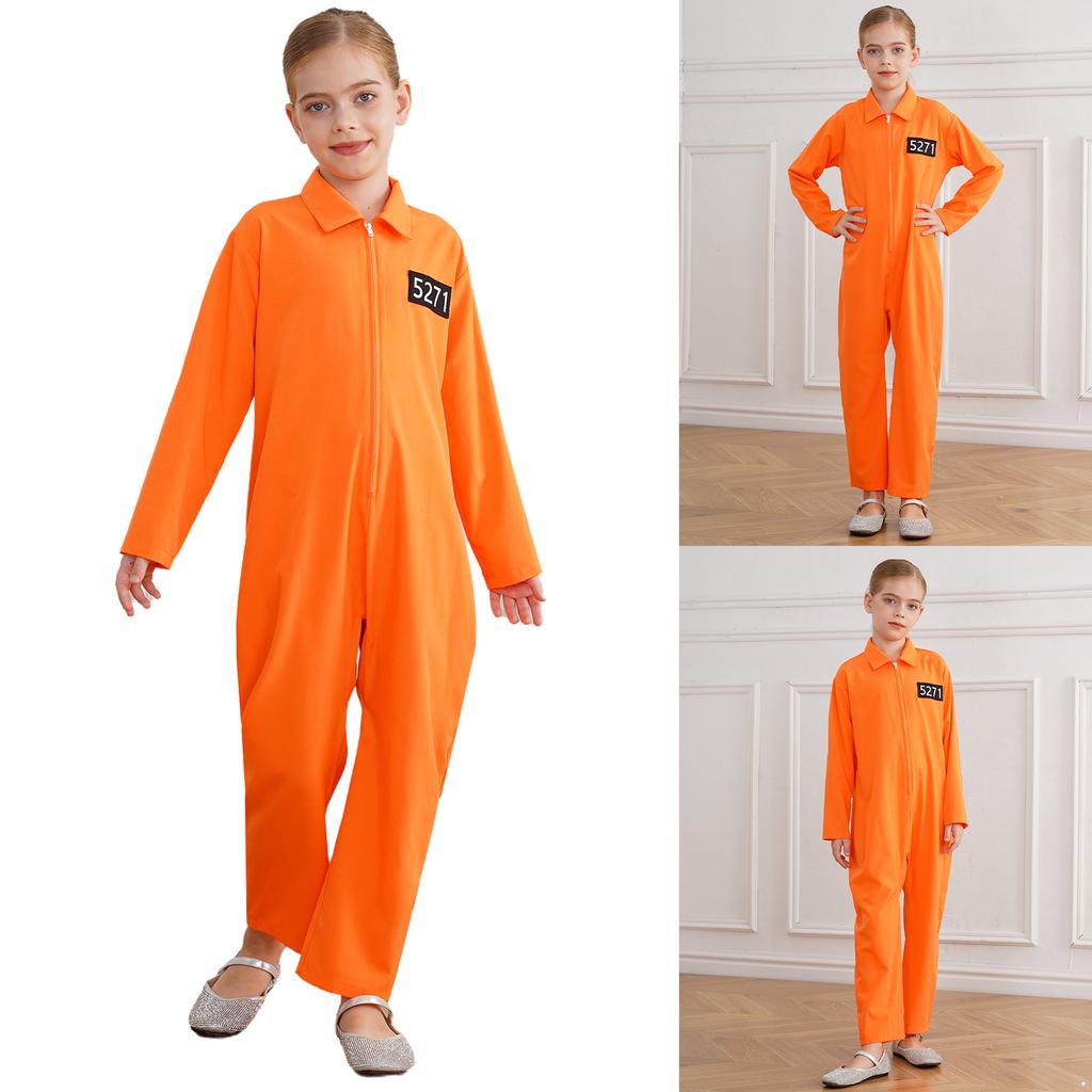 Boys Girls Prisoner Cosplay Costume Halloween Orange Jailbird Inmate Jumpsuit One Piece Full Body Suit Prison Overalls Uniform