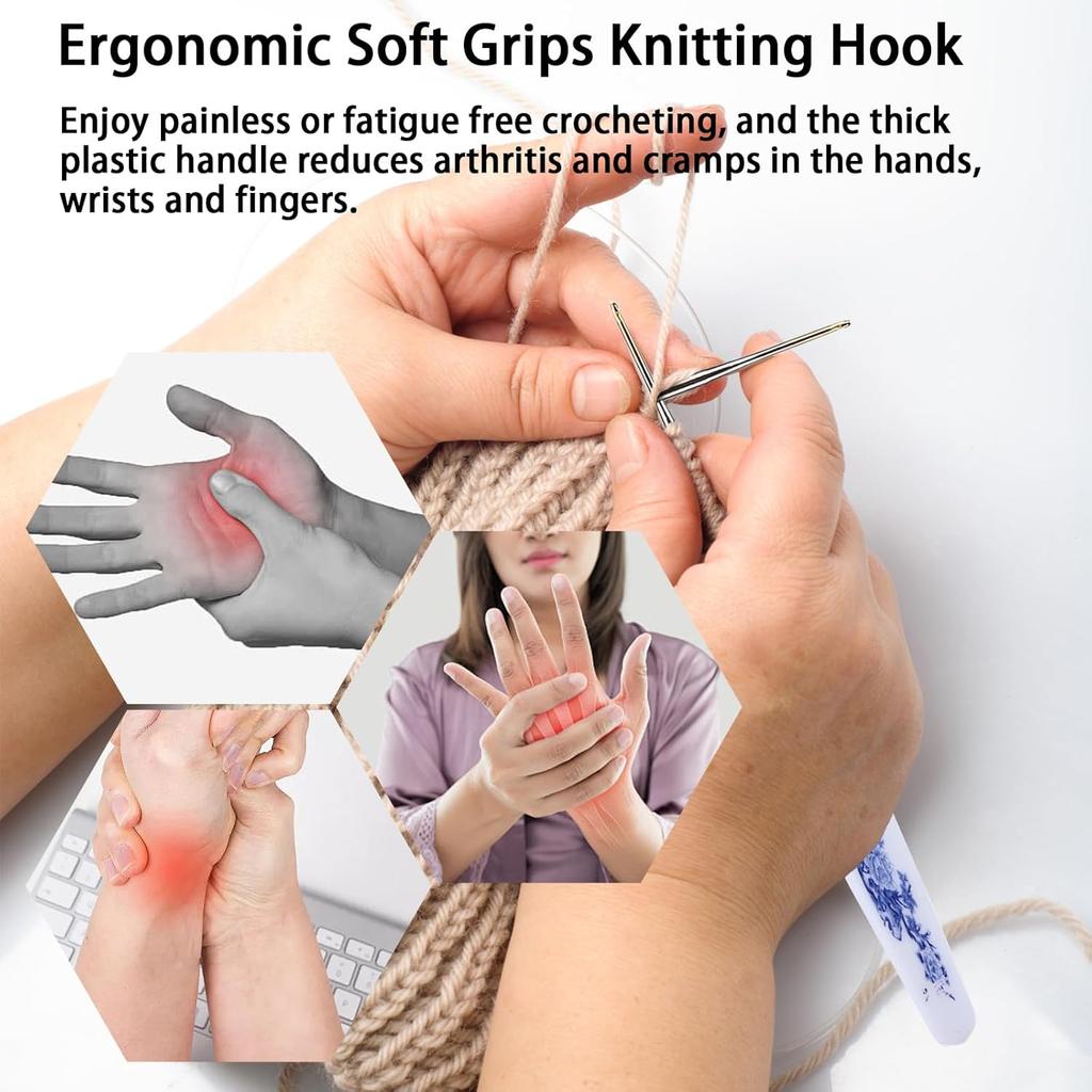 Crochet Hooks Needles for Arthritic Hands, 16 Piece Set Extra-Long Chinese Style Crochet Hook Set Ergonomic Soft Grips Knitting Hook Metal Crochet