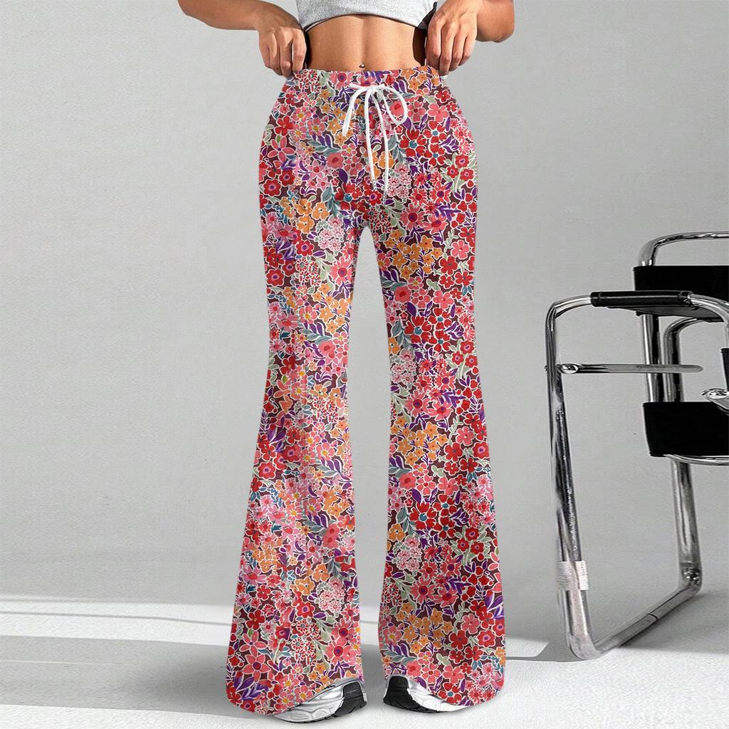 Damenmode Lockerer Kordelzug in der Taille Geblümter Druck Lässige Sporthose Lässige Schlaghose