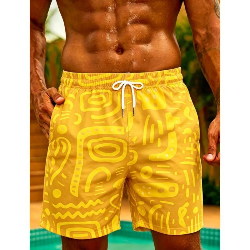 Men's Graffiti Line Printed Beach Shorts, Drawstring Quick Drying Beach Shorts, Suitable for Beach, Surfing, and Summer Wear