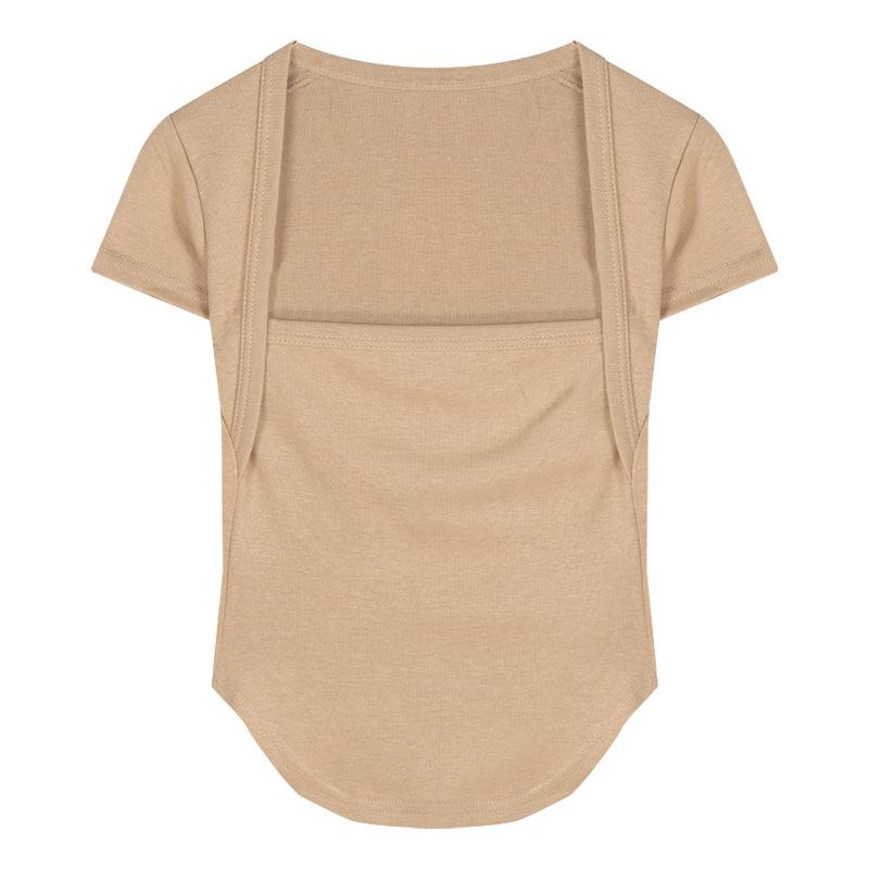 

Hot Girls Square Collar Tight and Slightly Elastic Slim Fit T-shirt for Women In Summer Thin Sexy Short-sleeved Pure T-shirt for Women S