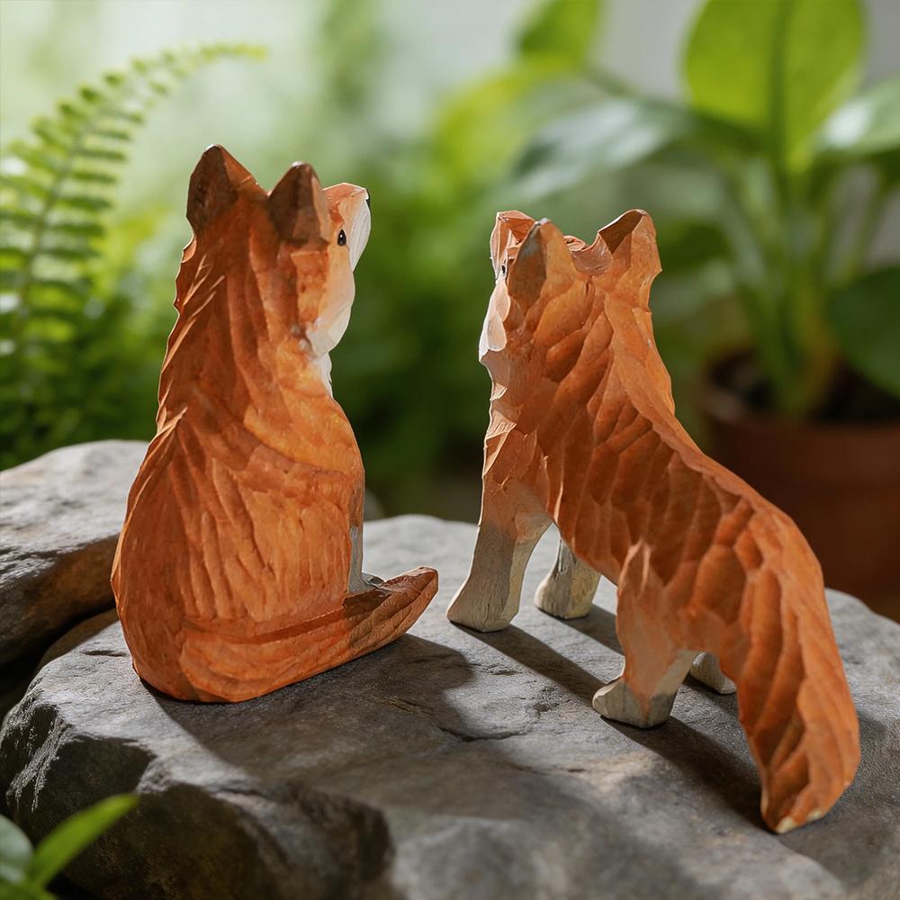Handcrafted wood carving Fox Statue Cute Fox Figurines Desk Ornament Decorations Accessories Animal Sculpture Home Decor Crafts