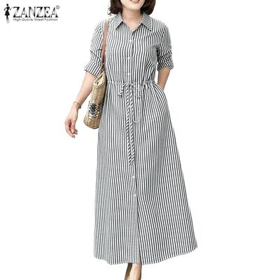 Women Casual Turn Down Collar Long Sleeve Stripe Dress